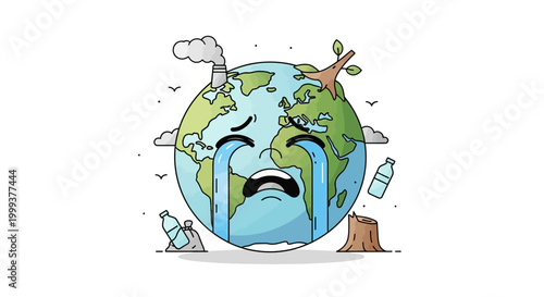 Sad planet earth crying from pollution and deforestation