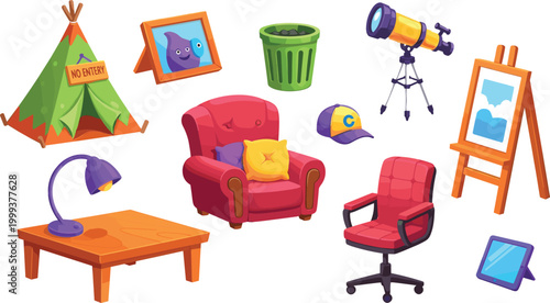 Cozy home interior objects set furniture decor items armchair desk lamp easel telescope tablet camping tent cartoon vector illustration bundle