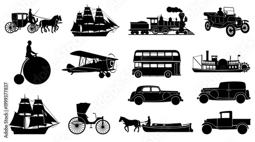 Historical Transportation Silhouettes Set - Vintage Vehicles Vector Icons