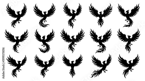 Mythology  Fantasy Phoenix Birds Black Silhouette Vector Set - Symbolic Design Elements