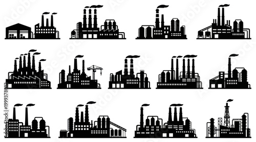 Black and White Industrial Manufacturing Factory Plants Silhouettes Vector Icon Set