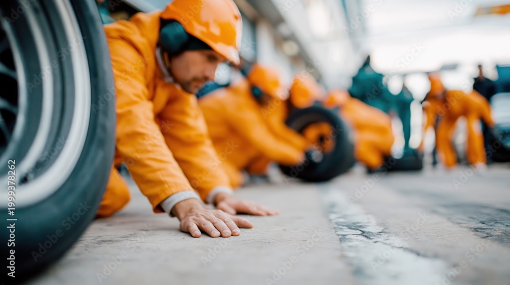 Fototapeta premium A focused team of mechanics efficiently changes tires during a race, showcasing teamwork and precision in a fast-paced motorsport environment.