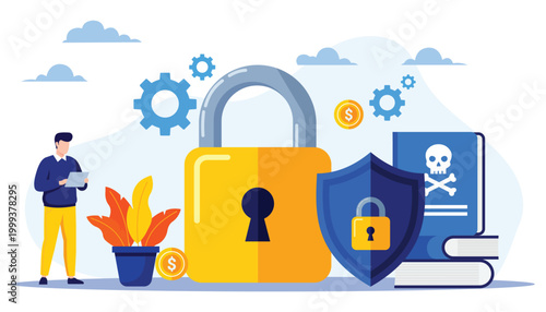 Modern aesthetic flat illustration depicting digital cyber security data protection privacy network firewall and safe computing