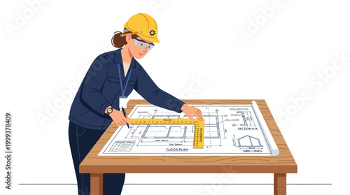 Female architect measuring blueprint with ruler on wooden table