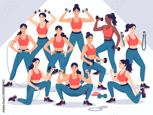 Diverse group of women engaging in various fitness exercises with weights and jump rope