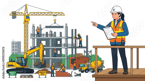 Female engineer overseeing construction site with workers and machinery