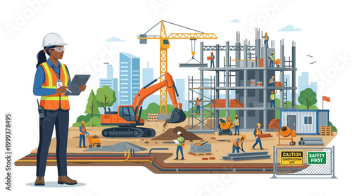 Construction site with workers and engineer overseeing project