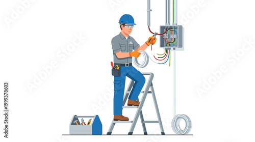Electrician on ladder fixing electrical panel with tools