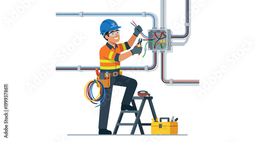 Electrician working on electrical panel with safety gear and tools