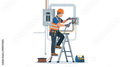 Electrician wearing safety gear working on electrical panel