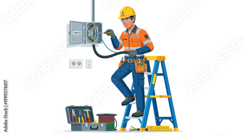 Electrician on ladder repairing electrical panel with tools