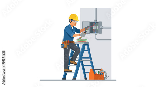Electrician on ladder repairing circuit breaker in industrial setting