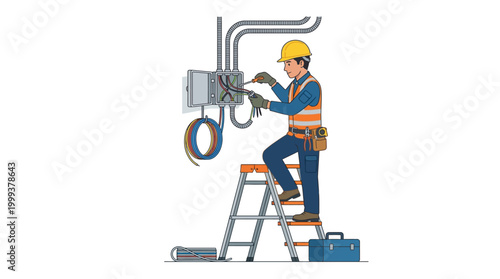 Electrician on ladder fixing electrical panel in safety gear