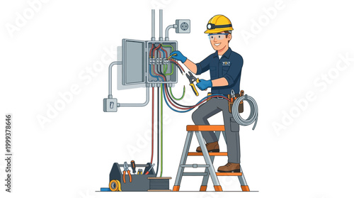 Electrician working on circuit breaker box with safety equipment