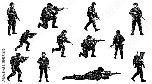 Black and White Silhouette Soldier Art, Military Combat, Vector Icon