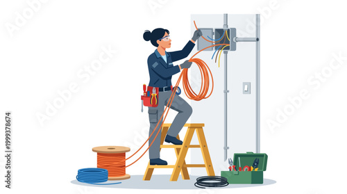 Female electrician wiring in modern setting with tools and equipment