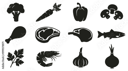 Black and White Glyph Icons of Food Ingredients and Meat