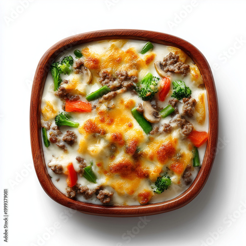 Creamy hotdish casserole with meat vegetables and starch on wooden plate isolated on white background
