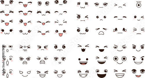 Collection of cute cartoon facial expressions with eyes and mouths isolated on white background emoji character vector illustration set