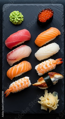 Sushi platter on black.
