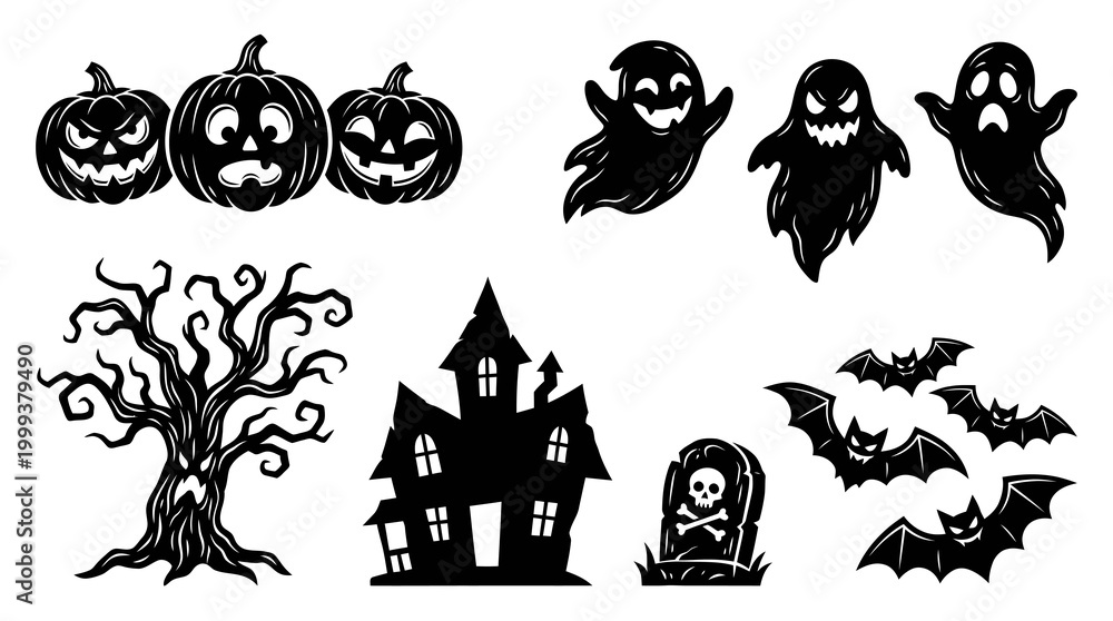 Obraz premium Halloween Black White Silhouette Icons: Pumpkins, Ghosts, Haunted House, Tree, Bats, Tombstone