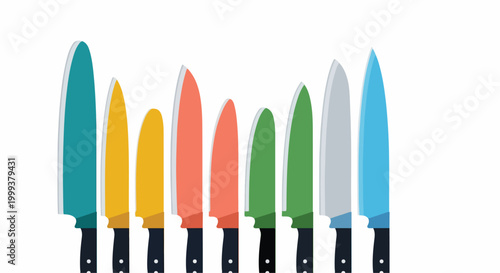 A set of colorful kitchen knives on a white background