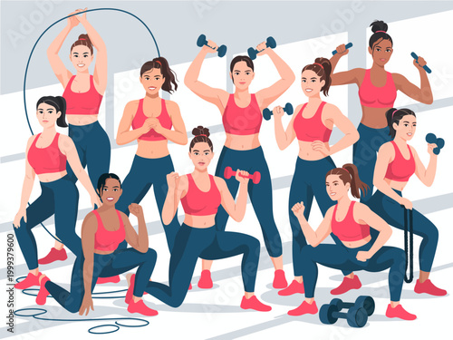 Diverse group of women engaged in various fitness activities with weights and jump rope