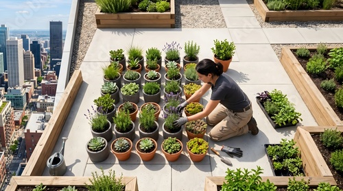 Man tending to plants on rooftop garden.
