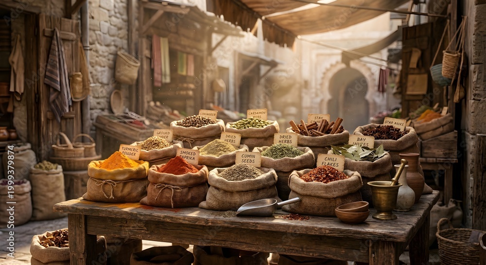 Fototapeta premium Traditional Middle Eastern Spice Bazaar Stall with Overflowing Sacks