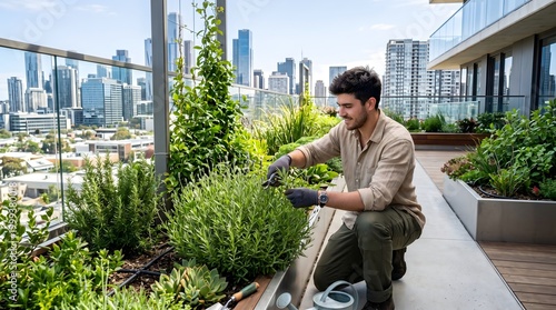 Man tending plants on rooftop garden.