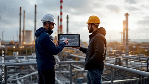 Two male engineers in helmets and work jackets discuss industrial project using a digital tablet, refinery towers behind on overcast day, concept of teamwork in modern industry