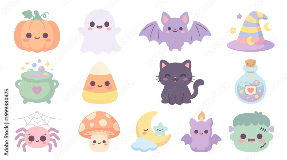 Obraz premium Cute Pastel Halloween Spooky Characters and Icons Flat Vector Set