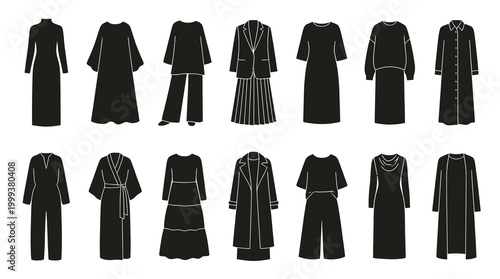 Women's Fashion Clothing Silhouettes Glyph Set. Modest Dresses, Coats  Outfits Black Line Art.