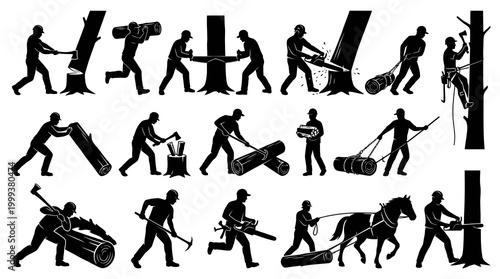 Lumberjack Logging Silhouettes: Timber Harvesting  Forestry Black Glyph Icons Set