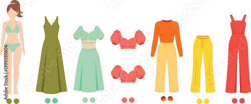 Women Outfit Collection with Casual and Stylish Clothing Set Including Dresses Tops Pants and Accessories for Modern Fashion Illustration and Design Projects.