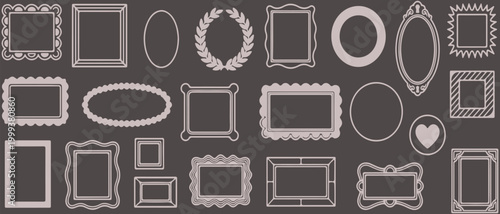 Hand drawn vector set of vintage picture frames and decorative borders including elegant swirls, laurel wreaths, circles and ornate mirror shapes.