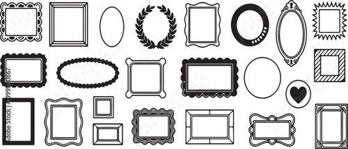 Hand drawn vector frame set with various shapes including rectangle, circle, oval, and heart borders, minimal black line art icons for decorative design.