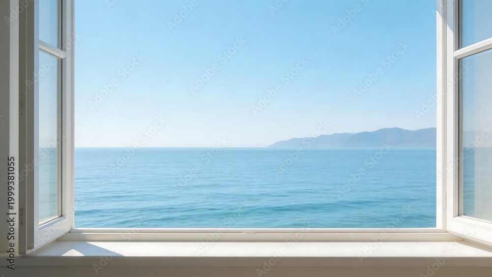 Fototapeta premium Open window view of calm sea and mountains