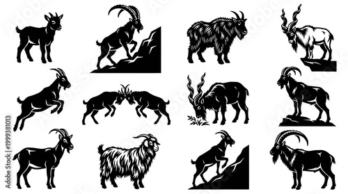 Black and White Vector Illustrations of Goats in Various Poses