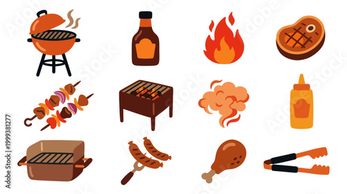 Flat Design Barbecue BBQ Grilling Food and Equipment Vector Icon Set for Summer Outdoor Cooking