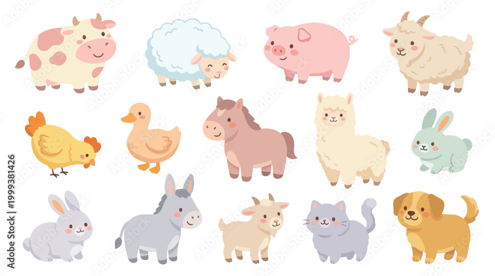 Fototapeta premium Cute Flat Cartoon Farm and Domestic Animals Vector Set - Illustration for Kids Education