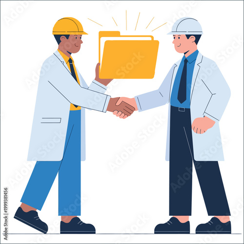 Successful project handover between two professionals with a folder and handshake