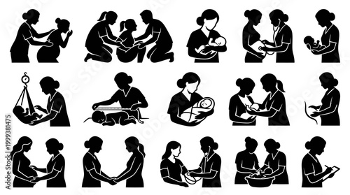 Motherhood and Childbirth Icons: Pregnancy, Birth, Newborn Care, Medical