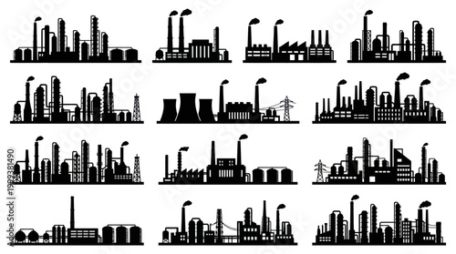 Industrial Factory Buildings Silhouettes Vector Set - Manufacturing Plant  Energy Station Glyphs