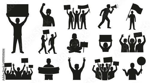 Black  White Glyph Icons of Protesting People with Signs and Flags