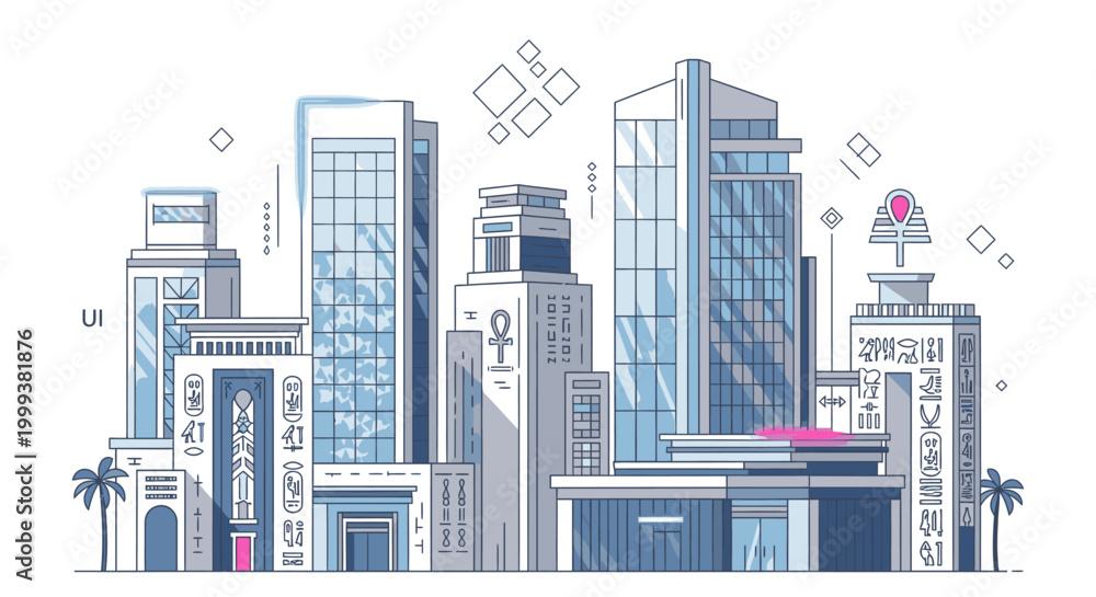 Obraz premium Illustration of a modern city skyline with sleek skyscrapers and palm trees in a stylized, monochromatic color scheme with pink accents against a white background.