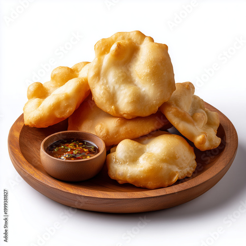 Sopaipillas fried puffed bread on wooden plate isolated on white background