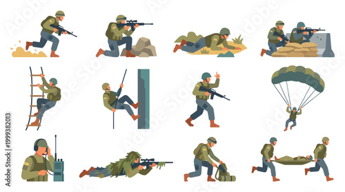 Flat Illustration Set: Military Soldiers in Army Operations, Combat, and Training Activities