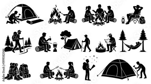 Outdoor Camping Adventure Black  White Silhouette Icons Set
