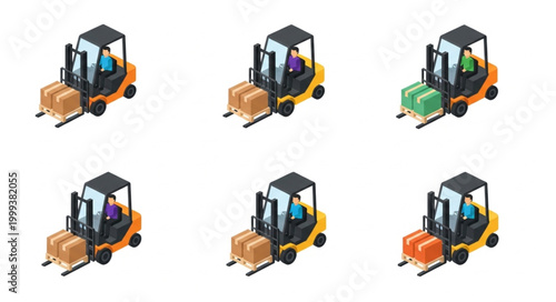 Set of Six Colorful Forklift Icons for Warehouse and Logistics.